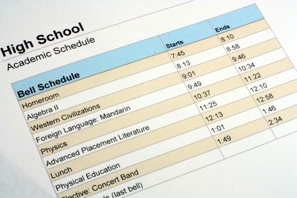 A portrait of a high school student’s class schedule.