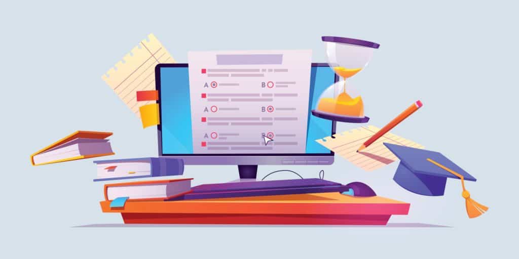 Vector poster image of a computer, books, an hourglass, and graduation cap.