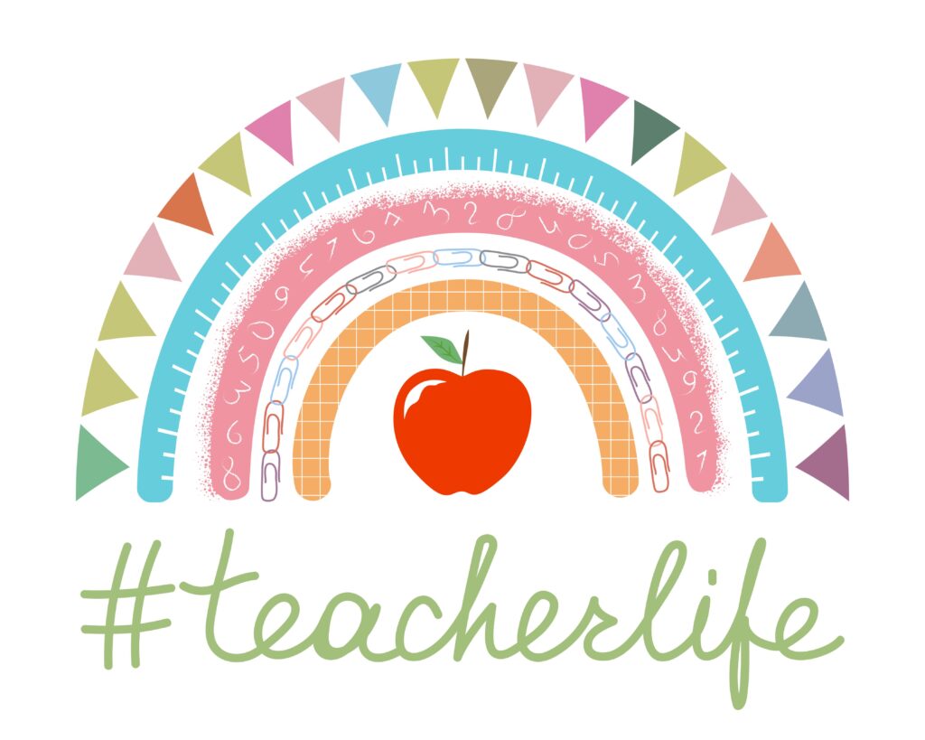 An apple with the text, “#teacherlife” printed underneath.