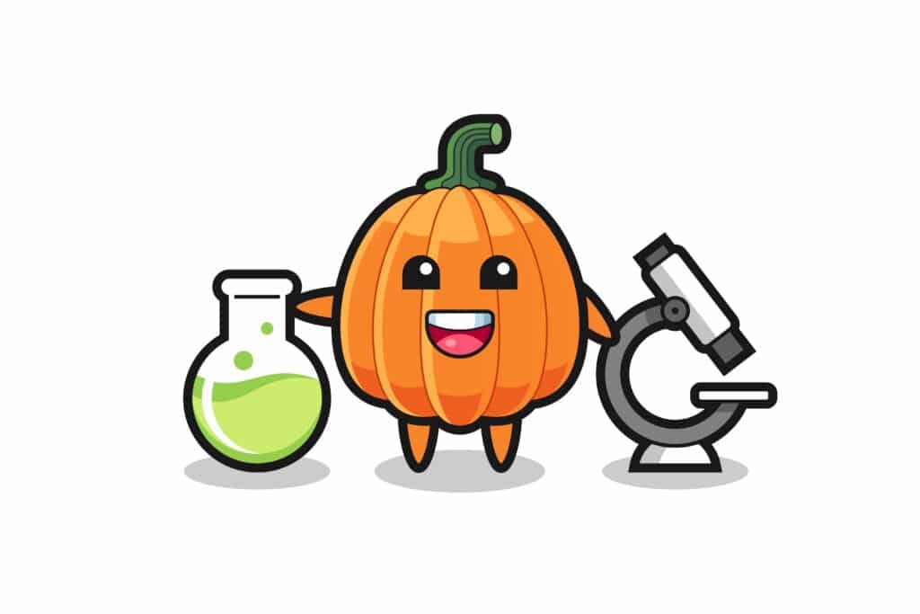 A pumpkin sits next to a beaker full of liquid and a microscope.