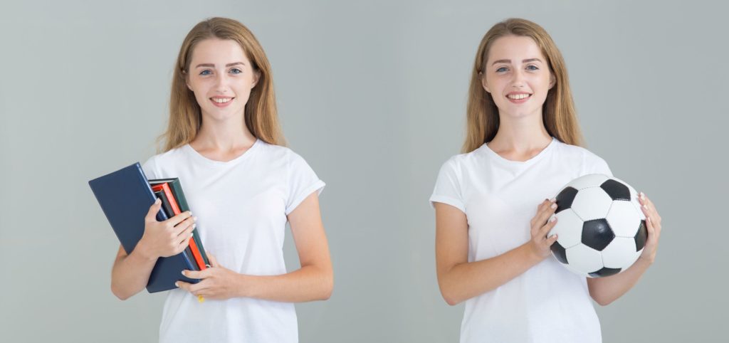 A mirrored image of a girl holding books on one side and holding a soccer ball on the other side.
